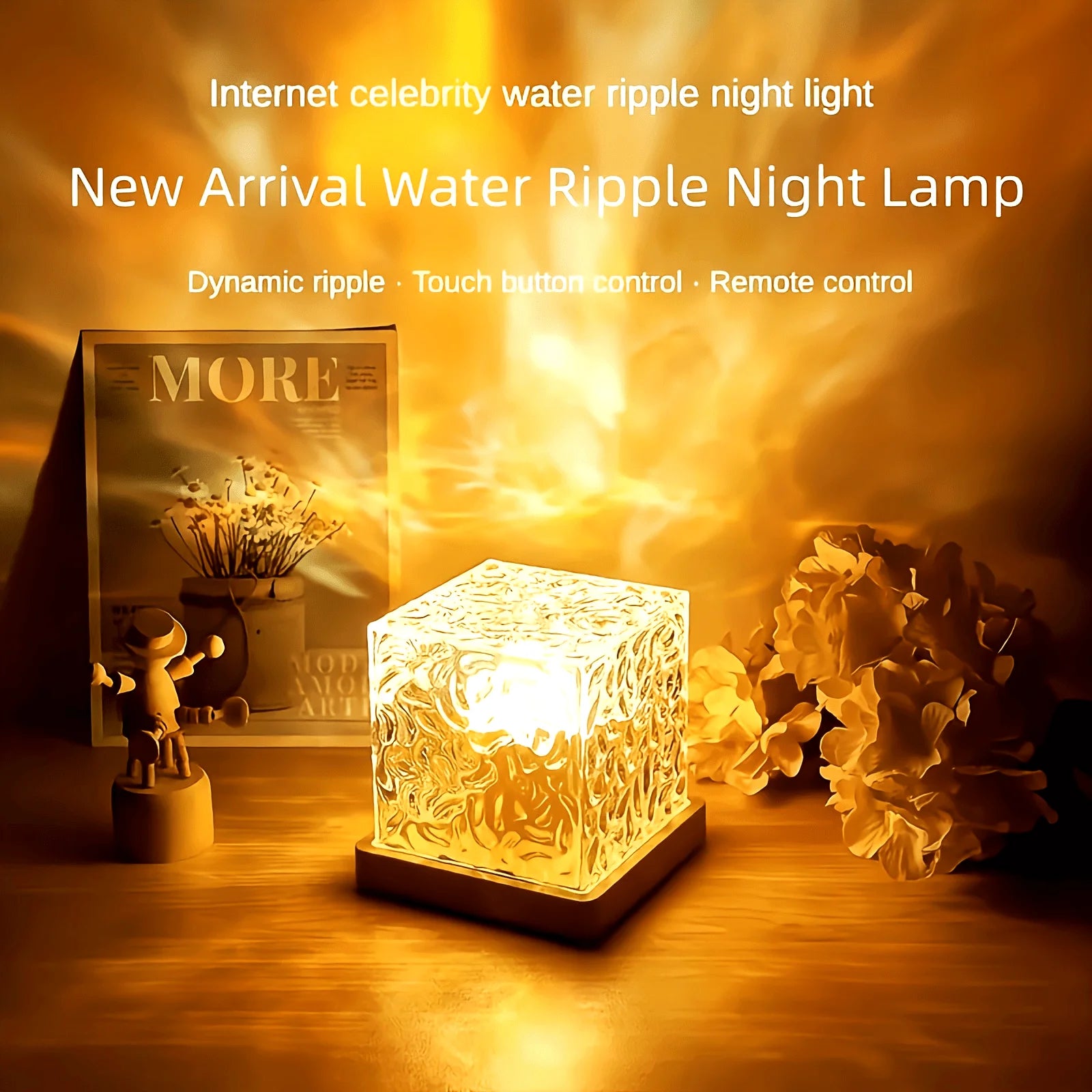 Ocean Wave Aurora Projector Light Remote 16 Colors RGB Dimmable Water Ripple Flame Crystal Lamp for Living Room Study Bedroom