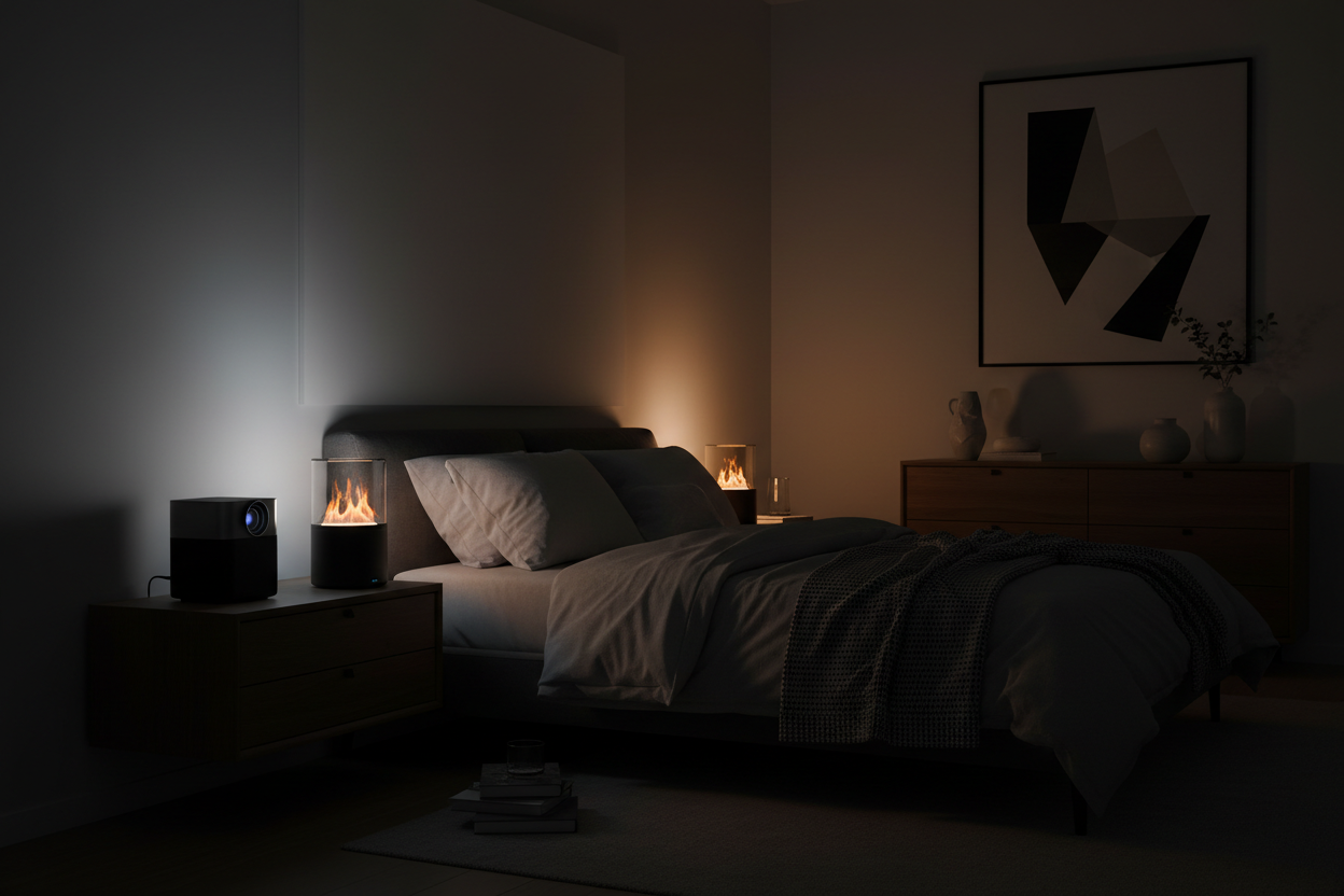 Dark but astetic bedroom with a mini projector on the left night stand and a Fire humidifier on the right nightstand, Make the fire light